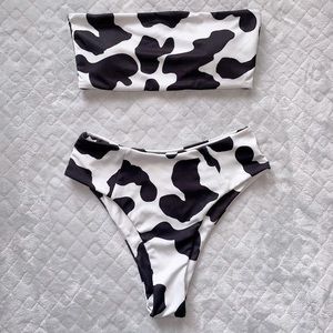 SHEIN Small Cow Print Swimsuit Bandeau and High Waisted Bottoms